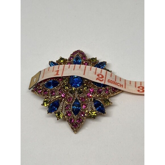 Brooch & Earrings Set Vtg Colorful Art Deco Floral Rhinestone Blue Pink Yellow - Picture 9 of 10